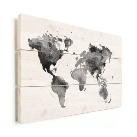 Aquarell Weltkarte Schwarz-Weiß Holz