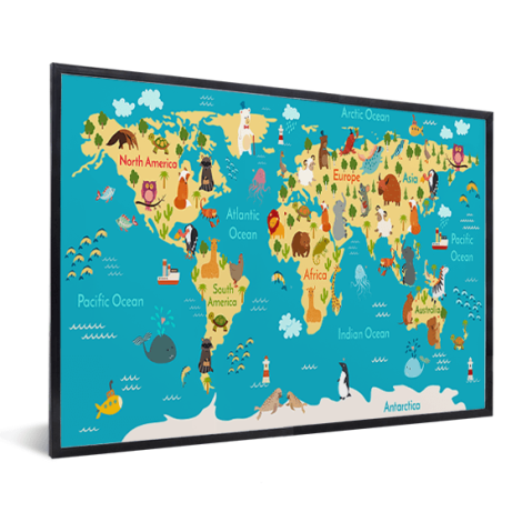 Weltkarte Kontinente & Meere im Rahmen