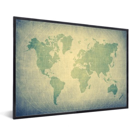 Weltkarte Pergament Grün Blass im Rahmen