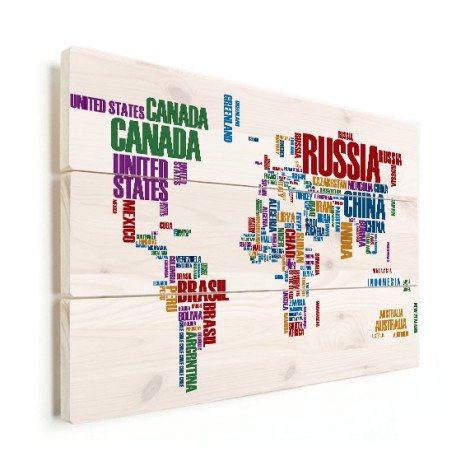 Weltkarte Text bunt Holz
