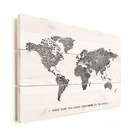 Fingerabdruck Weltkarte Schwarz-Weiß mit Text Holz