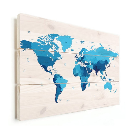 Weltkarte Blautöne Holz
