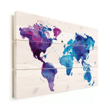 Weltkarte Aquarell blau Holz