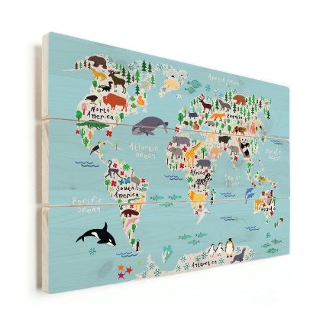 Weltkarte Lustige Tiere Holz