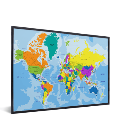 Weltkarte Grelle Farben im Rahmen