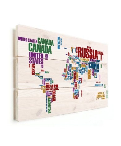 Weltkarte Text bunt Holz