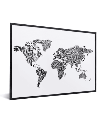 Fingerabdruck Weltkarte Schwarz-Weiß im Rahmen