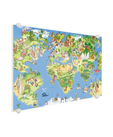 Weltkarte Tiere & Gebäude Acrylglas