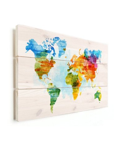 Weltkarte Aquarell bunt Holz