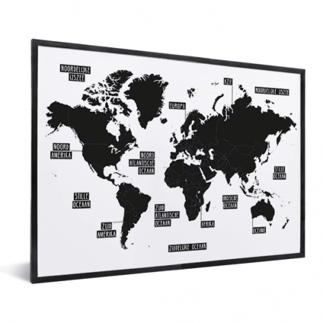 Einfache Weltkarte Schwarz-Weiß im Rahmen