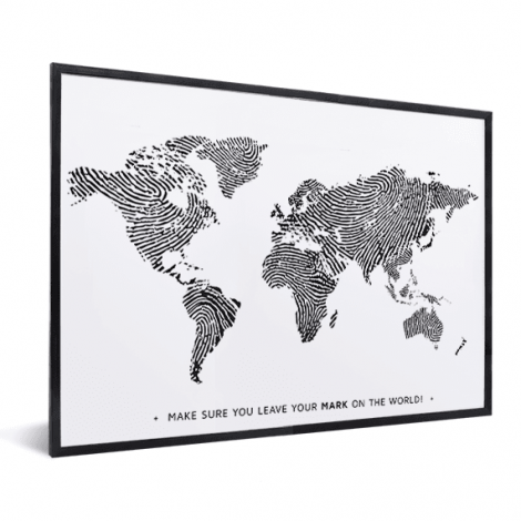 Fingerabdruck Weltkarte Schwarz-Weiß mit Text im Rahmen